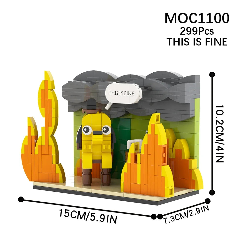 299PC MOC This is Fine Dog Building Block Kit Cartoon Fire Meme Vignette Hound Dog Animal Brick Model Toy For Children Gifts