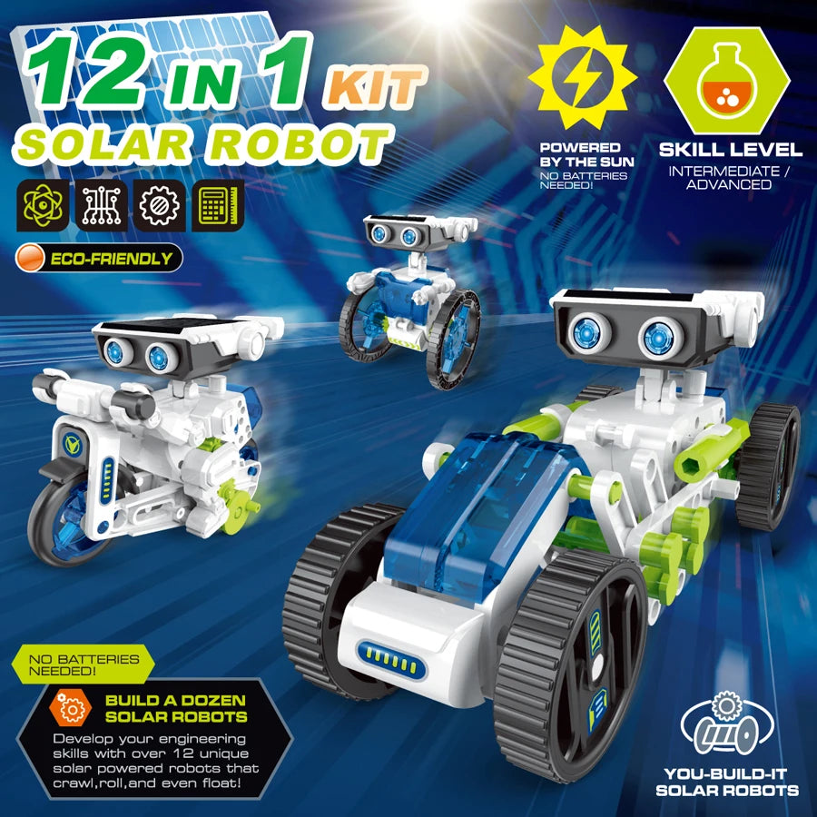 12 IN 1 STEM Solar Robot Kit Toy Boy Girl DIY Building Science Experiment Kids Building Electric Solar Robots Toys Birthday Gift