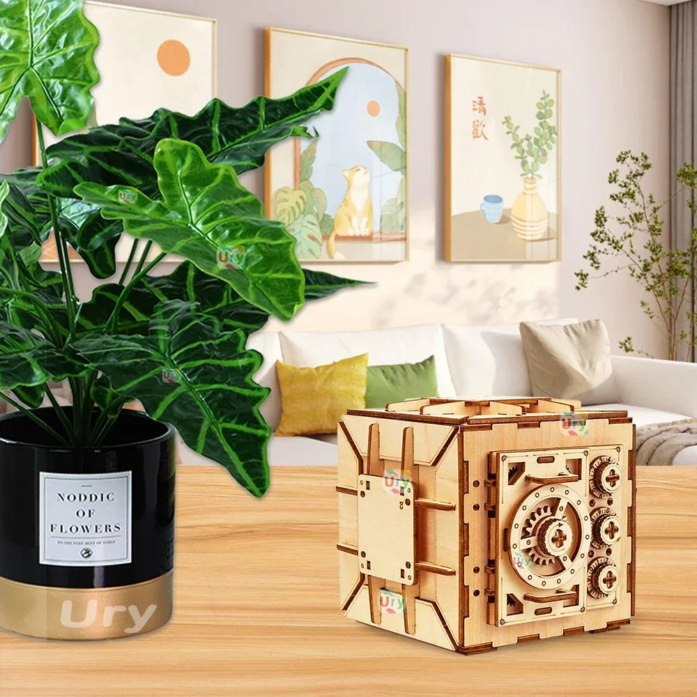 URY 3D Wooden Puzzle Password Treasure Money Box Piggy Bank DIY Advanced Assembly Model Toys Creative Gift for Lady Girls