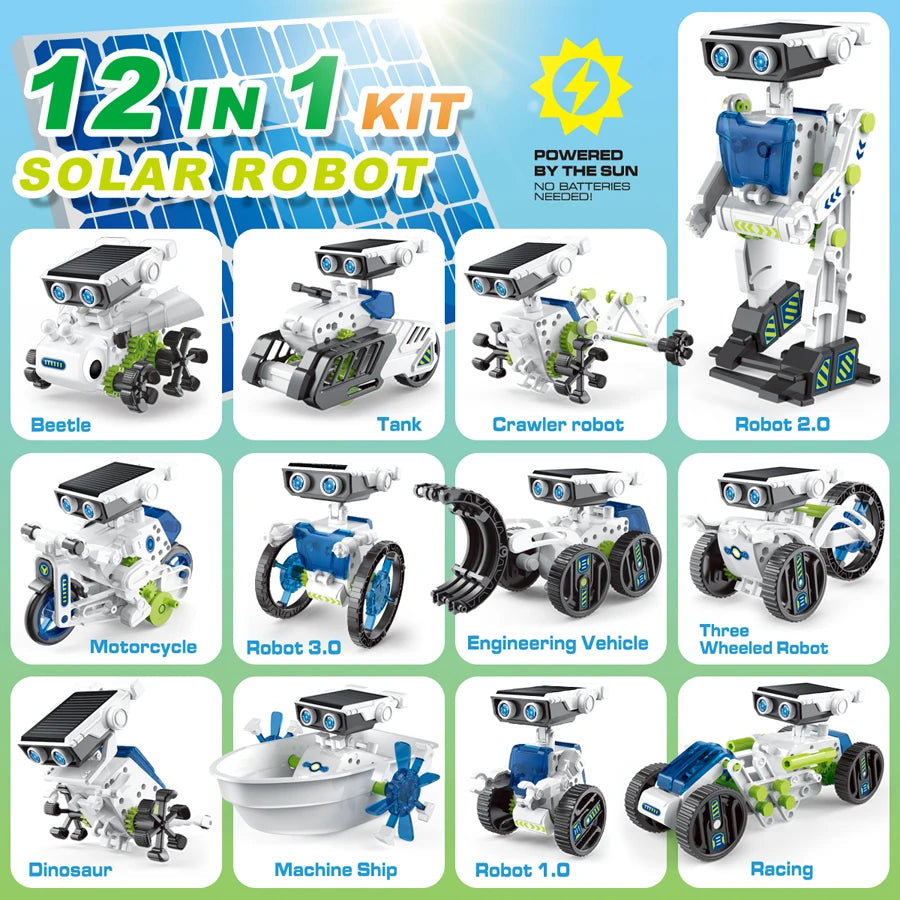 12 IN 1 STEM Solar Robot Kit Toy Boy Girl DIY Building Science Experiment Kids Building Electric Solar Robots Toys Birthday Gift