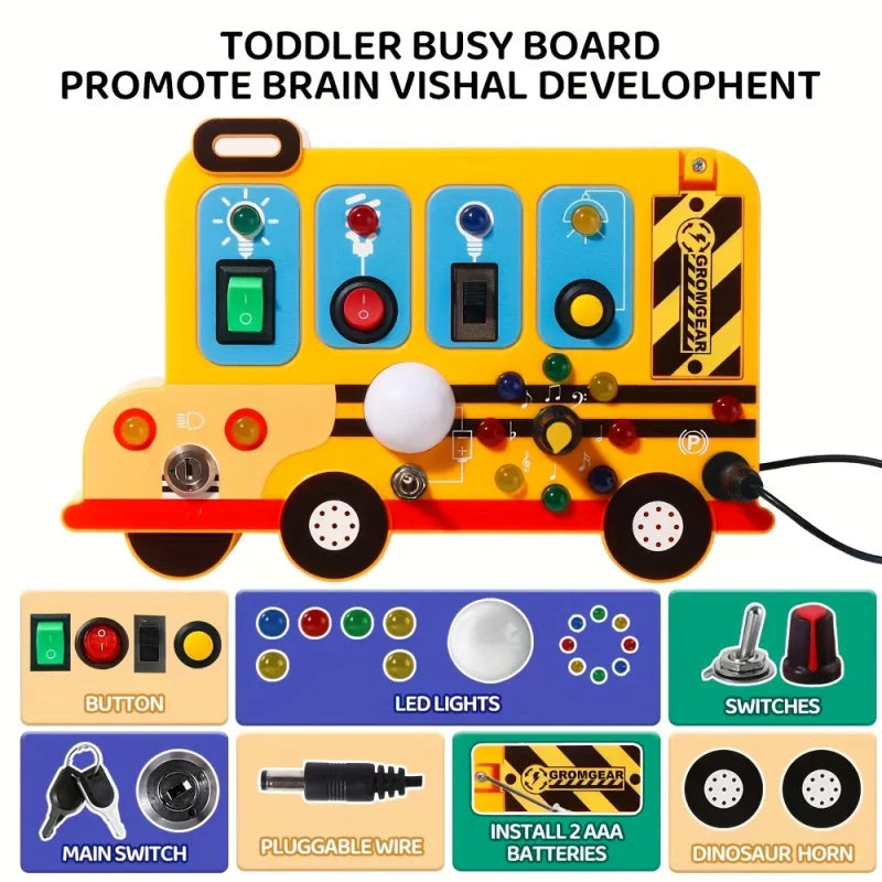 Interactive school bus learning toy with lights, switches and realistic engine sounds Sensory play for children 18 months and up