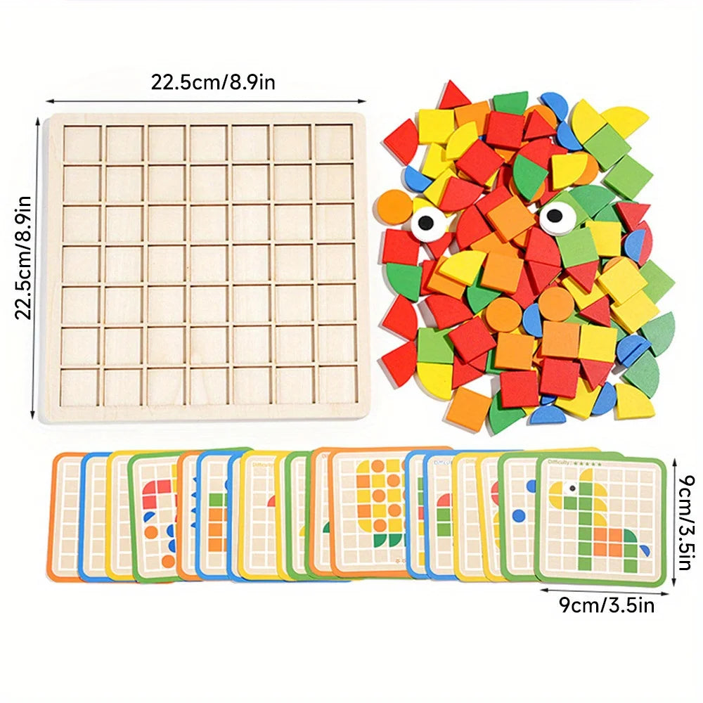 120Pcs Wooden Mosaic Puzzle Toy Montessori Kids Wooden 3D Geometric Shape Jigsaw Puzzle Board Set Baby Early Education Toys for