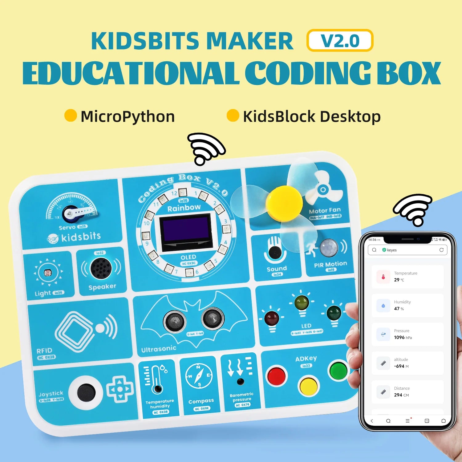 Kidsbits ESP32 Coding Box V2.0 Sensor Education Kit For Arduino ESP32 MicroBlocks&Micropython Programming Kids STEAM Programming