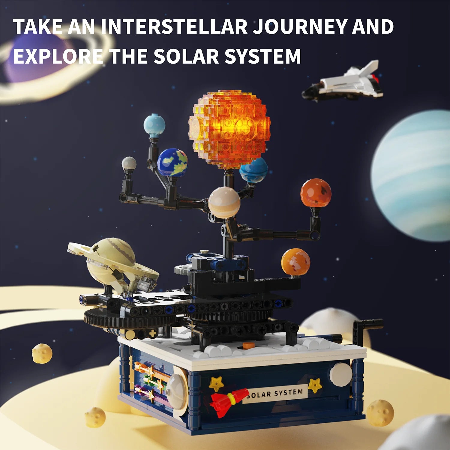 T5002 Rotating Electric Solar System Orbiter Building Blocks Toy Model Assembly Ornaments Children's Educational Toy Gift