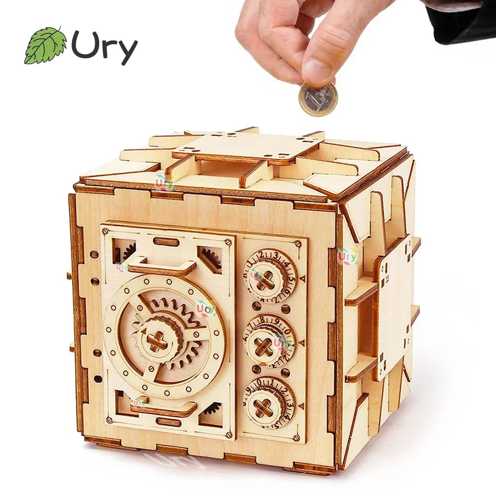 URY 3D Wooden Puzzle Password Treasure Money Box Piggy Bank DIY Advanced Assembly Model Toys Creative Gift for Lady Girls