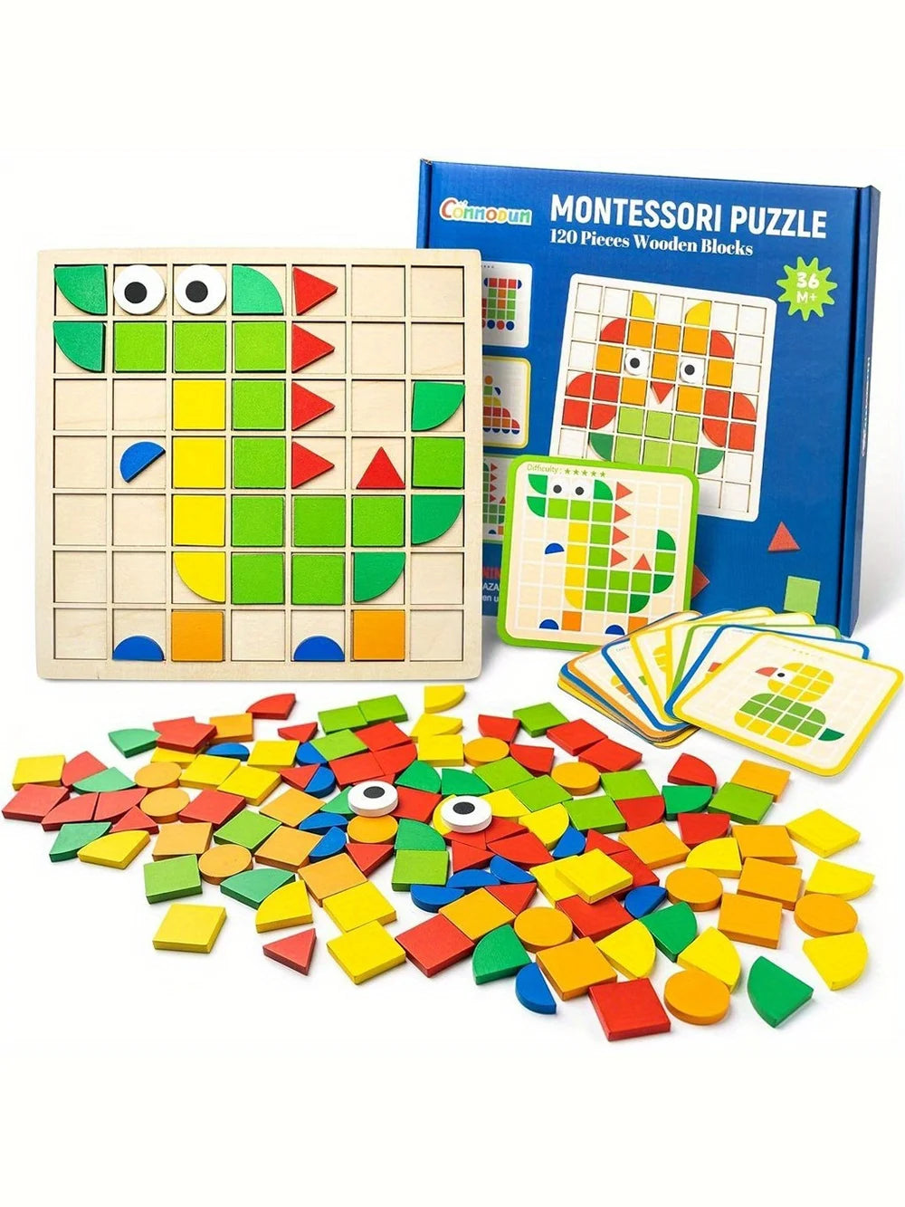 120Pcs Wooden Mosaic Puzzle Toy Montessori Kids Wooden 3D Geometric Shape Jigsaw Puzzle Board Set Baby Early Education Toys for