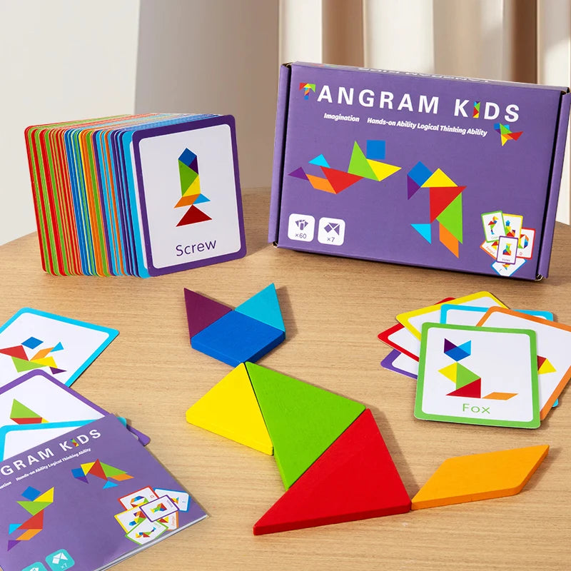 3D Wooden Tangram Jigsaw Puzzles Board Games Kids Montessori Educational Toys Children Kindergarten Geometric Shape Teaching Aid