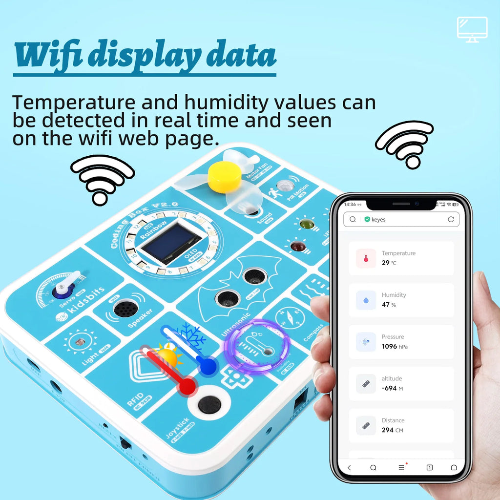 Kidsbits ESP32 Coding Box V2.0 Sensor Education Kit For Arduino ESP32 MicroBlocks&Micropython Programming Kids STEAM Programming