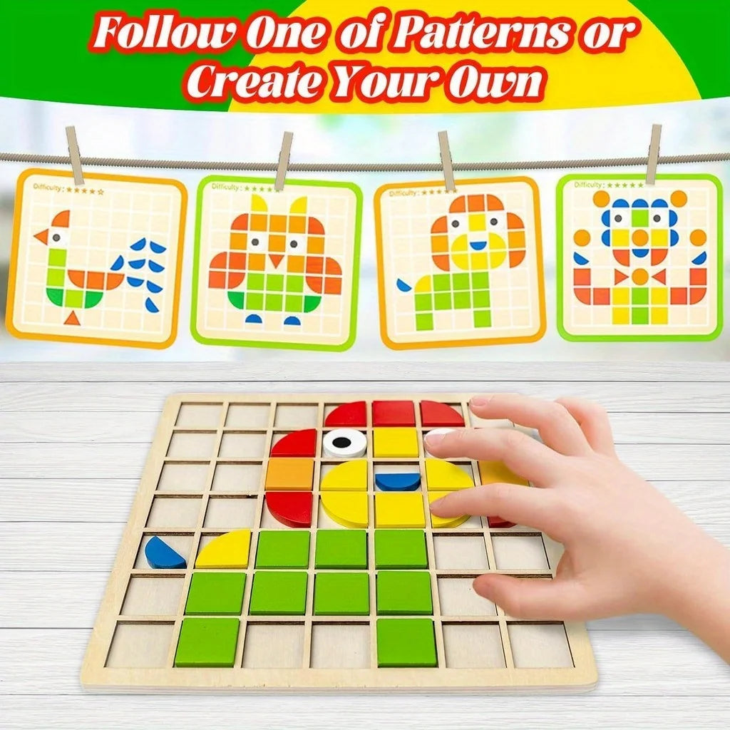 120Pcs Wooden Mosaic Puzzle Toy Montessori Kids Wooden 3D Geometric Shape Jigsaw Puzzle Board Set Baby Early Education Toys for