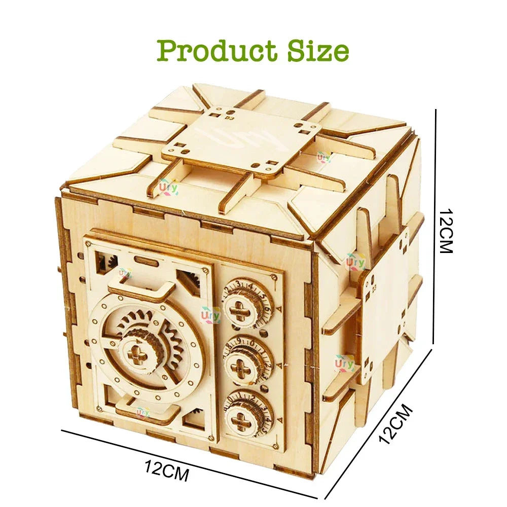 URY 3D Wooden Puzzle Password Treasure Money Box Piggy Bank DIY Advanced Assembly Model Toys Creative Gift for Lady Girls